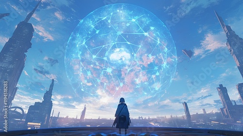 Futuristic city landscape with a giant glowing orb.