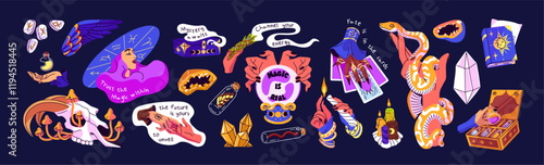 Set of esoteric items, mystic tools of witchcraft. Different witches' magic crystals, tarot, poison bottles, skull, snake. Divination, fortune telling, astrology. Flat isolated vector illustrations