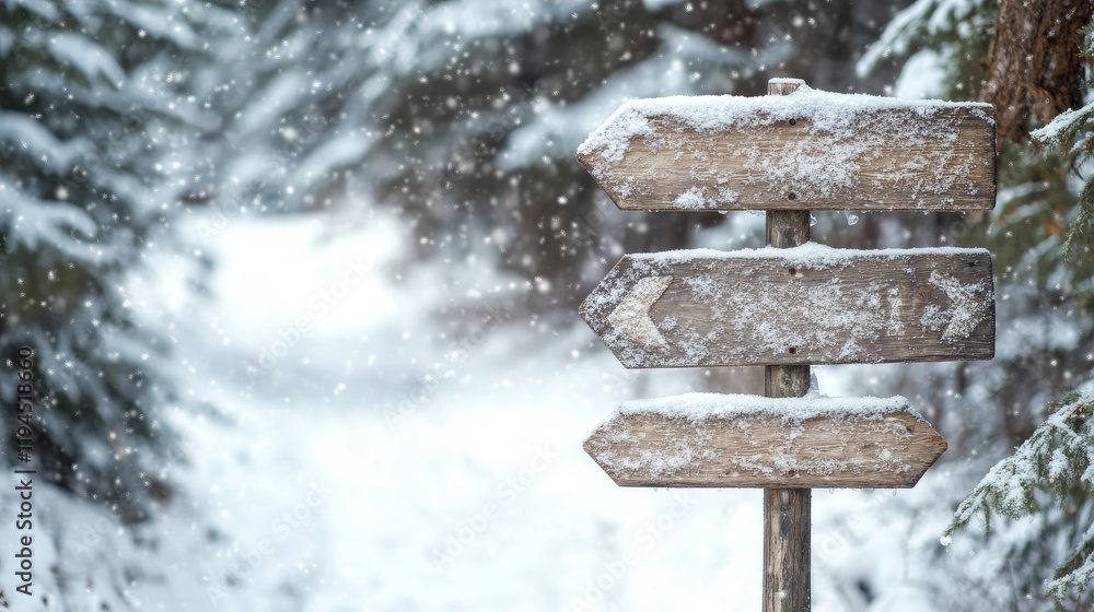 Fototapeta premium Realistic set of wooden signboards covered with snow. Vector illustration of arrow sign posts, rectangular and oval direction indicators isolated on transparent background. Rustic vintage pointers