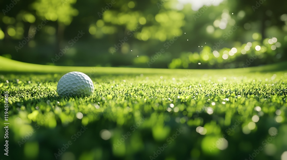 Golf ball rests on lush green grass fairway Golf ball rests on lush green grass fairway