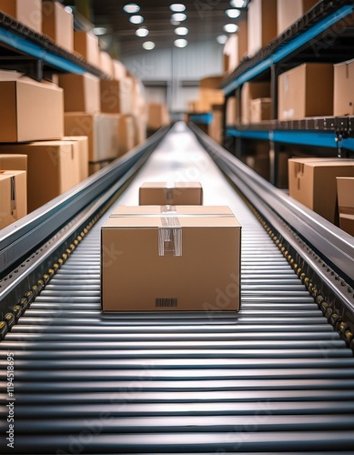 Generated image Closeup of multiple cardboard box packages seamlessly moving along a conveyor belt in a warehouse