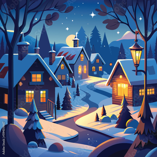 Charming Winter Night Village, Snow-Covered Houses with Warm Glowing Windows, Peaceful Moonlit Scene, Lantern Lighting a Serene Path, Christmas Holiday Atmosphere in a Picturesque Snowy Landscape.