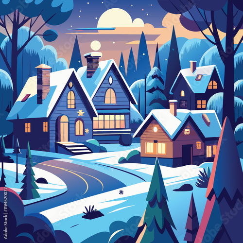 Cozy Winter Village with Snow-Covered Houses, Warm Lights Glowing at Night, Curved Snowy Road, Moonlit Sky with Stars, Peaceful Mountain Landscape and Frosty Trees, Christmas Holiday Illustration
