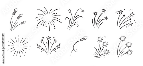 Fireworks and stars doodle Hand drawn set. Doodle Firework sketch. Linear vector explosions collection