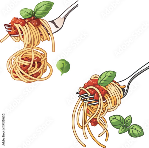 Forks picking up spaghetti with tomato sauce and basil