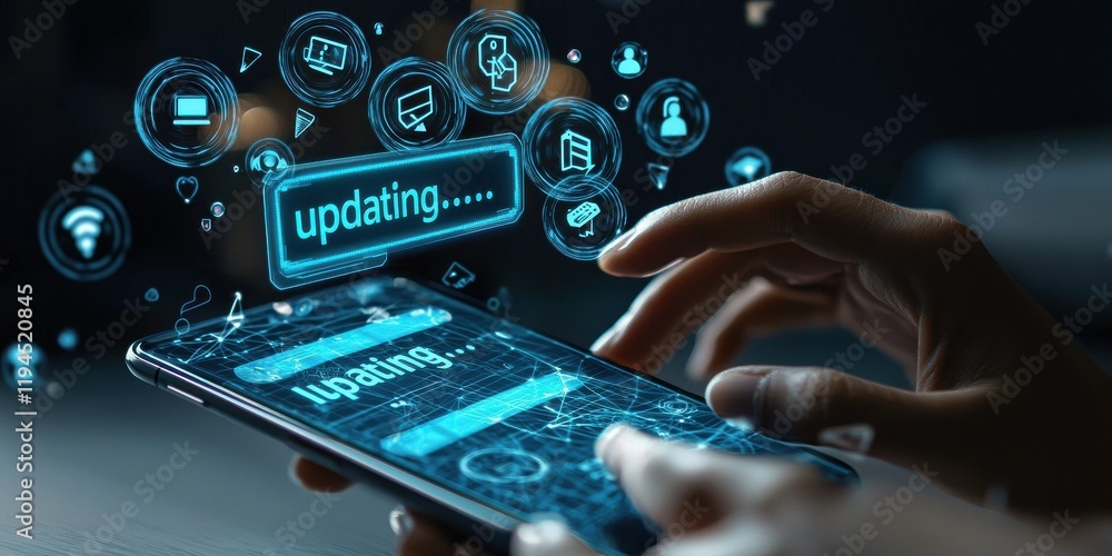 Fototapeta premium Mobile device updating process digital environment technology content interactive interface user perspective data management concept