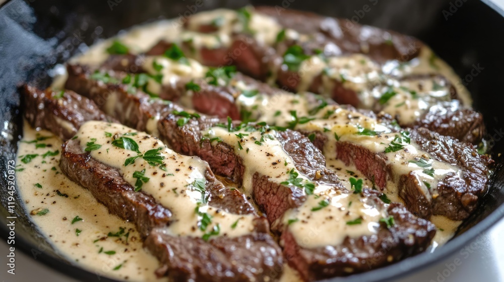 Cooked steak strips drenched in rich creamy sauce with fresh herbs. Sizzling dish in skillet, tasty meat meal. Gourmet cooking, food culinary enthusiasts. Restaurant, cookbook, blog, fine dining. Cooked steak strips drenched in rich creamy sauce with fresh herbs. Sizzling dish in skillet, tasty meat meal. Gourmet cooking, food culinary enthusiasts. Restaurant, cookbook, blog, fine dining.