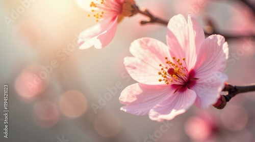 Delicate Pink Blossoms Illuminated by Golden Sunlight, a Gentle Springtime Scene of Natural Beauty