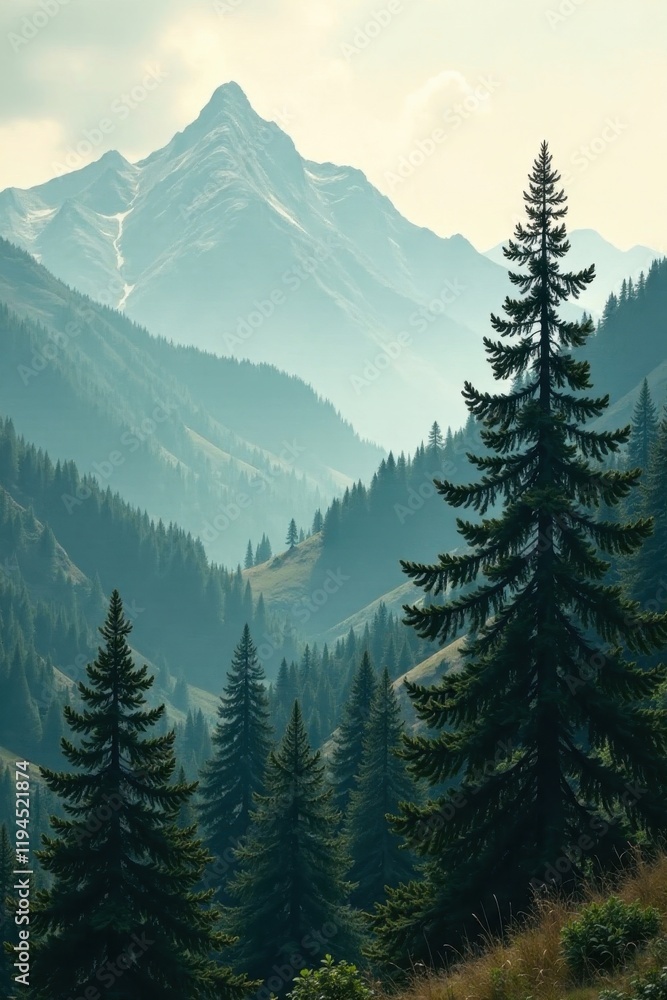 Fototapeta premium Misty mountain fir forest, vintage faded tones, scenic, texture
