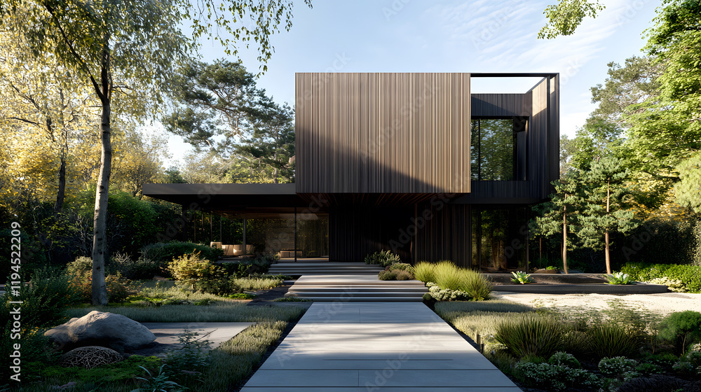Stylish modern house surrounded by a peaceful garden. Stylish modern house surrounded by a peaceful garden.