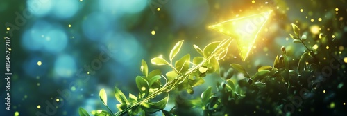 A glowing arrow of time made of sprouting vines and luminous leaves pointing forward on a vibrant gradient background photo