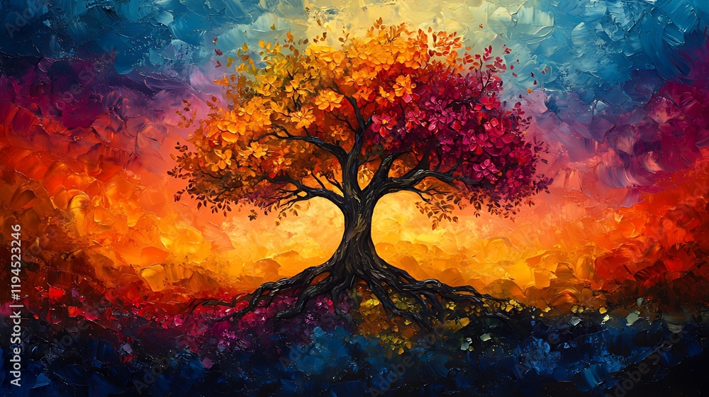 Obraz premium Colorful autumn tree, vibrant roots, fiery sunset, canvas art, home decor
