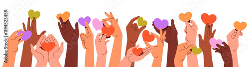 Human hands up and hold hearts. Diverse people share love together. Community, social service give support. Concept of charity or valentine. Flat isolated vector illustration on white background