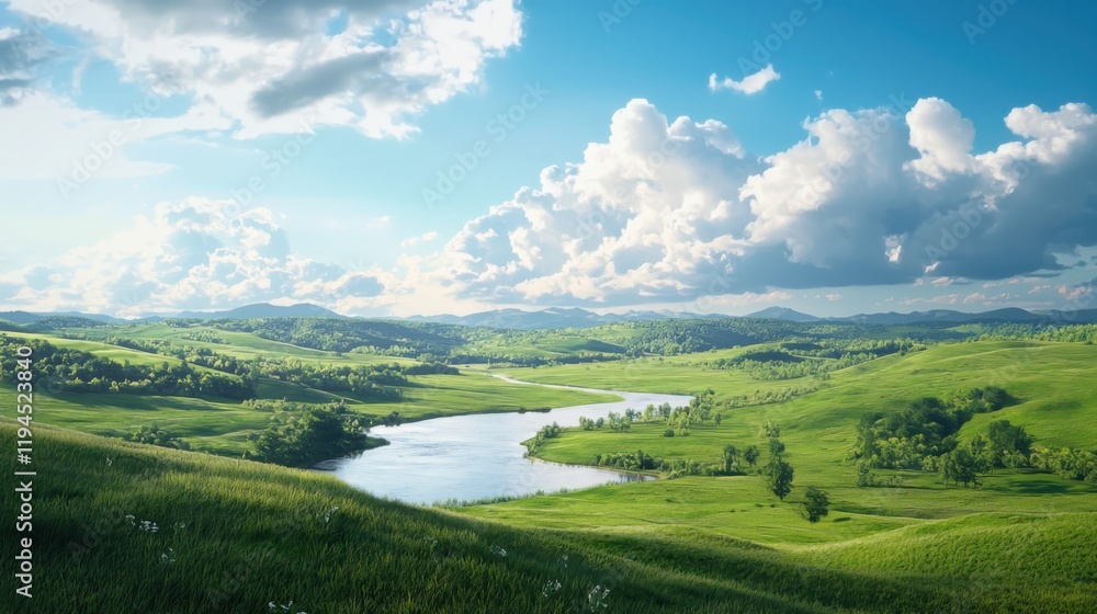 Tranquil river scene rolling hills nature photography serene environment wide angle view peaceful landscape with blooming wildflowers Tranquil river scene rolling hills nature photography serene environment wide angle view peaceful landscape with blooming wildflowers