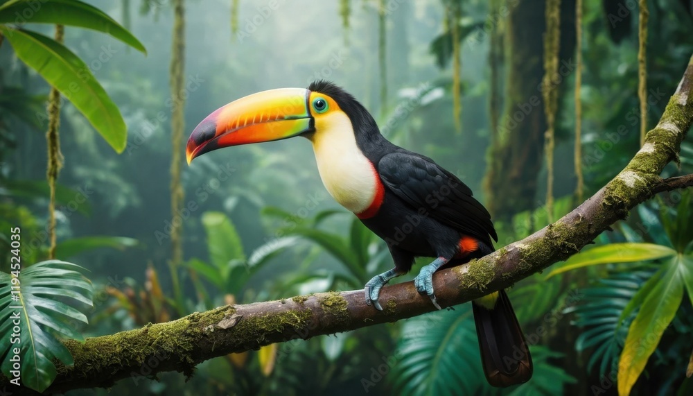 Naklejka premium vibrant toucan perched on a rainforest branch