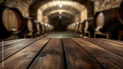 Empty Wooden Table with Blurred Wine Cellar Background – Perfect for Winery and Beverage Concepts