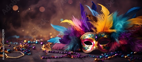 Venetian carnival mask and beads decoration. Mardi gras background
