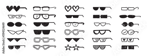Thug glasses. Cool glasses graffiti grunge black sunglasses set, brush scribble hand drawn doodle elements