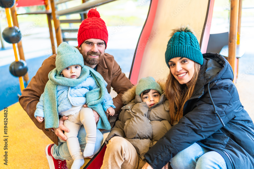Happy family enjoying time together on playground slide in winter Happy family enjoying time together on playground slide in winter