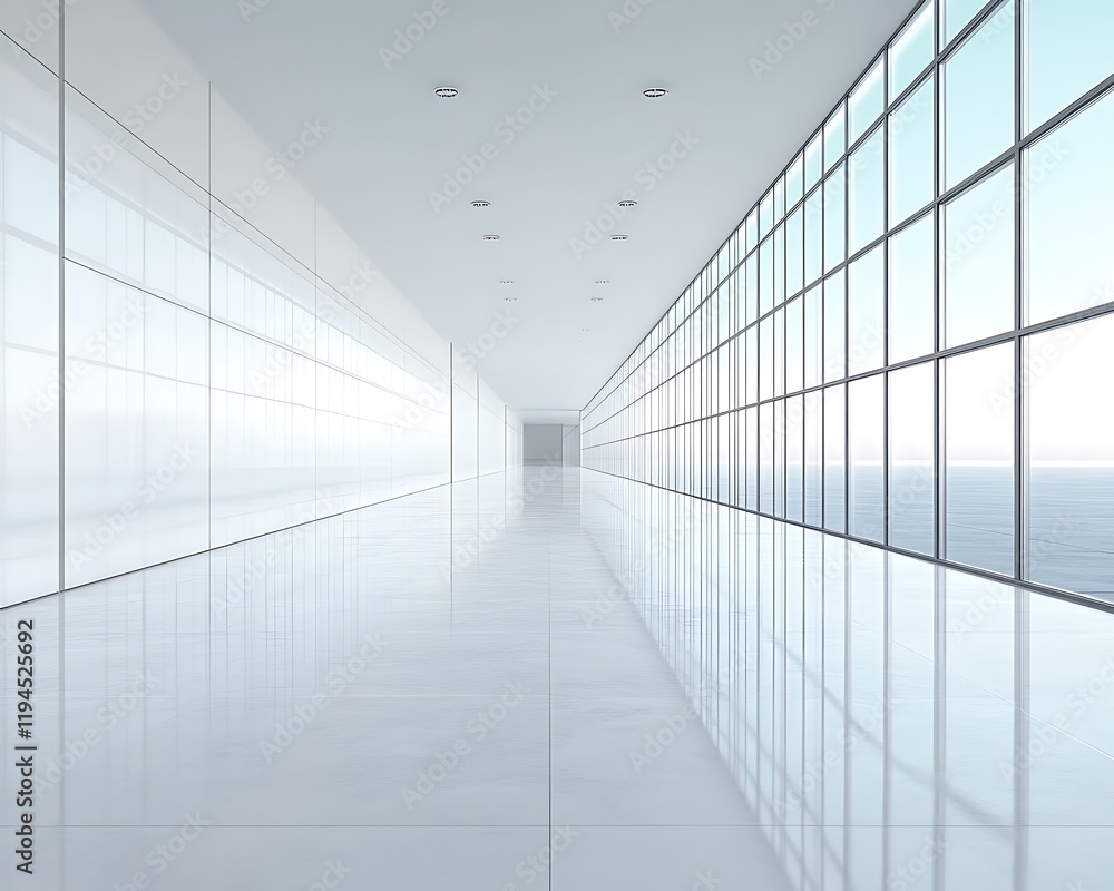 Modern bright hallway with ocean view. Modern bright hallway with ocean view.