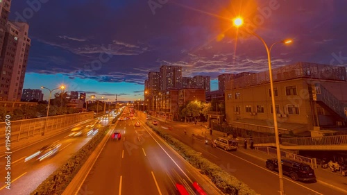 Beijing Fourth Ring Road Overpass transformation from sunset glow to night in a stunning time lapse photo