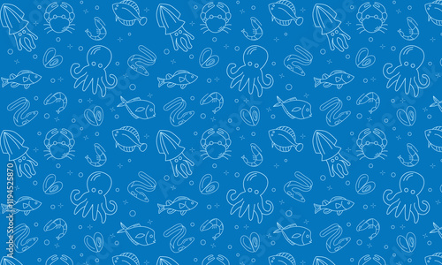 seafood seamless pattern with mussel, fish salmon and shrimp. Lobster, squid, scallop and tuna for product market or seafood restaurant