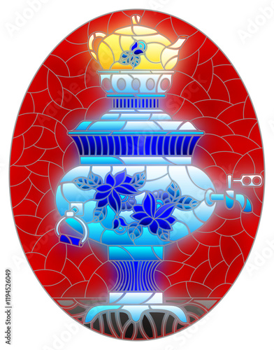 Illustration in the style of stained glass with a bright painted russian samovar on the table on a red background, oval image
