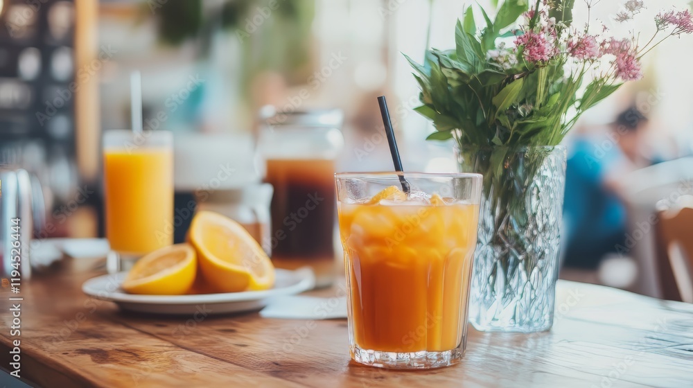 Iced Orange Tea on Wooden Table in Cafe Iced Orange Tea on Wooden Table in Cafe