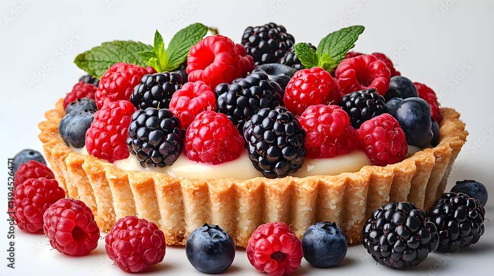 a white plate topped with a taree and berries a white plate topped with a taree and berries