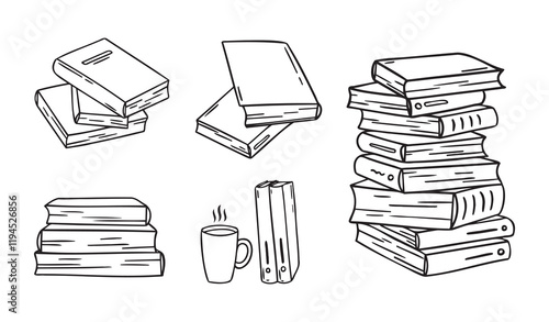 Hand drawn stack of books. doodle different outline pile of books. linear style icons set. Drawing books variations.