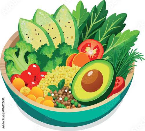 Green bowl with avocado, broccoli, tomatoes and bulgur offering healthy vegetarian lifestyle