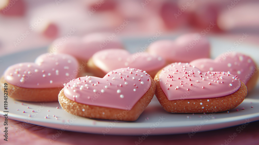 Delicious heart shaped cookies with pink icing and sprinkles on plate Delicious heart shaped cookies with pink icing and sprinkles on plate