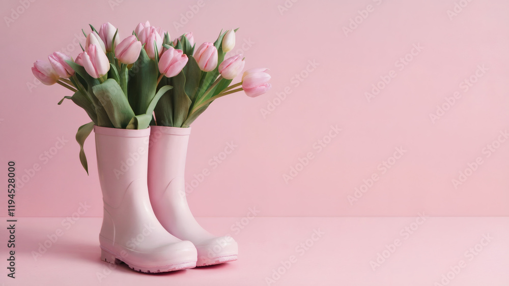 Fototapeta premium pink rain boots: A simple yet striking photo of a pair of pastel pink rain boots creatively used as a vase, filled with delicate pink tulips
