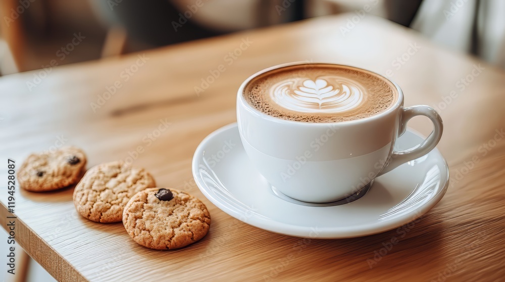 Latte Art Coffee with Cookies on Wooden Table Latte Art Coffee with Cookies on Wooden Table
