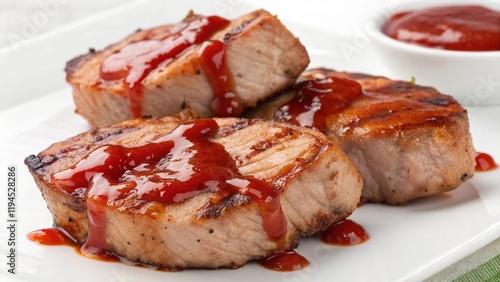 BBQ pork, beef chunks with ketchup. Pork, beef pieces cooked on the grill, drizzled with tomato ketchup. The pieces should be shiny and juicy, with characteristic fried edges.  Emphasize the meat