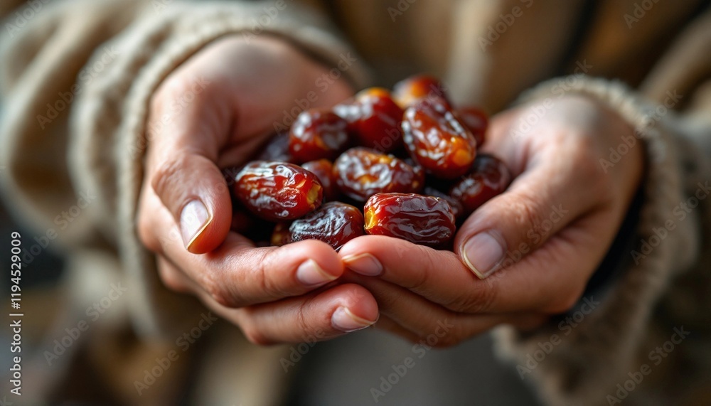 Close-up of hands holding a pile of sweet and glossy date fruits, a healthy treat Close-up of hands holding a pile of sweet and glossy date fruits, a healthy treat