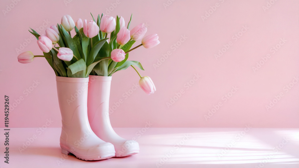 Fototapeta premium pink rain boots: A simple yet striking photo of a pair of pastel pink rain boots creatively used as a vase, filled with delicate pink tulips