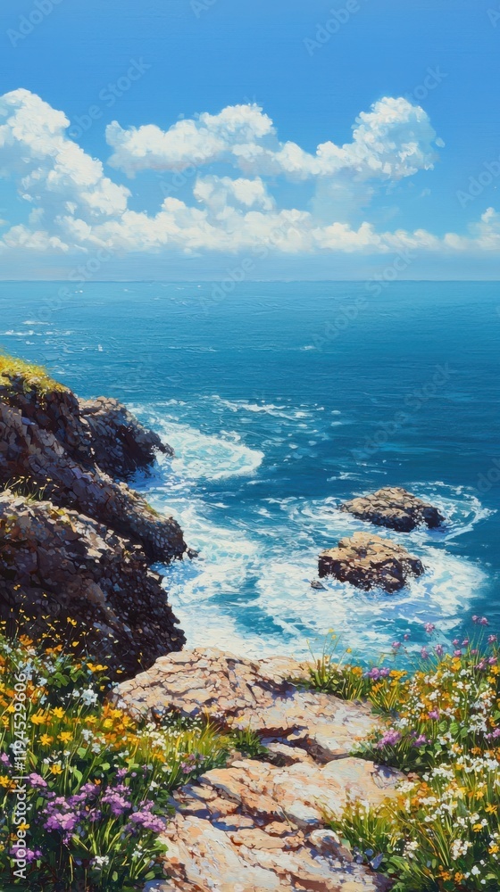 Gentle ocean waves lapping against rocky shoreline framed by vibrant wildflowers coastal landscape serene environment panoramic view Gentle ocean waves lapping against rocky shoreline framed by vibrant wildflowers coastal landscape serene environment panoramic view