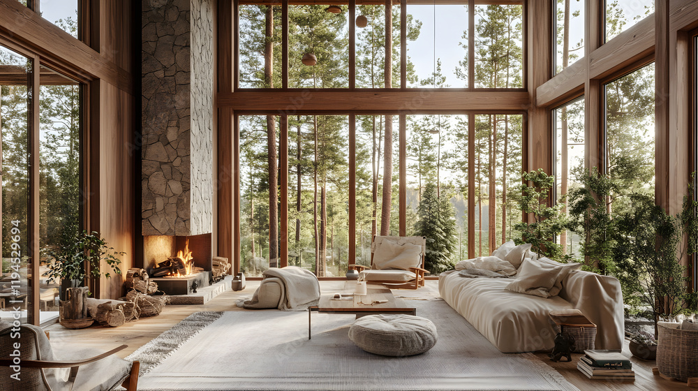 Modern nature-inspired lounge with panoramic windows Modern nature-inspired lounge with panoramic windows