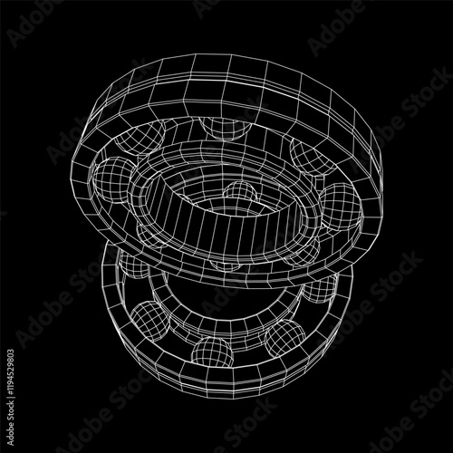 Roller bearing. Circular round rotating bearings used in industry for heavy equipment mechanical work and engineering. Wireframe low poly mesh vector illustration.