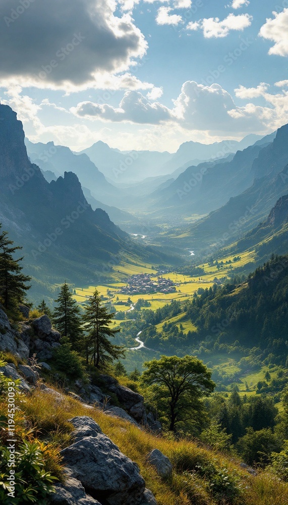 Fototapeta premium Majestic mountains and valley view with a small town in the distance on a beautiful day