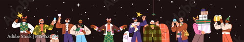 People celebrate New Year outdoors in snow evening. Diverse characters are happy for Christmas. Men, women, couples, friends with sparklers, gifts, garland at winter holiday. Flat vector illustration