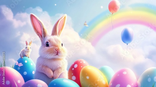 Wallpaper Mural Illustration of the bunnies and colorful eggs near the rainbow and floating balloons Torontodigital.ca