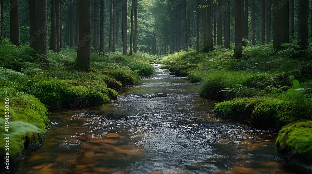 Obraz premium Serene stream flowing through a lush, mossy forest.