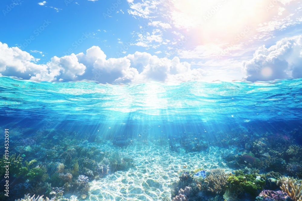 Fototapeta premium Soothing underwater scene of gentle waves and colorful coral reefs ocean depths nature photography serene environment tranquil viewpoint marine life concept