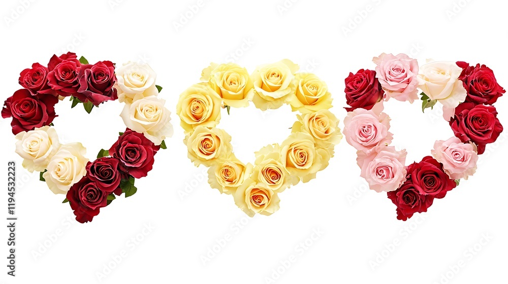 Three rose heart arrangements, white background, Valentine's Day card design Three rose heart arrangements, white background, Valentine's Day card design