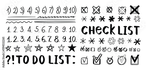 Doodle checklist, hand drawn check marks, asterisks and numbers. To do list, checkmarks outline different scribble shapes and silhouettes.