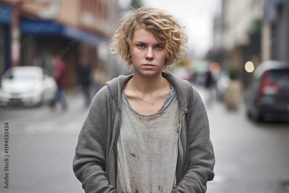 A woman with a messy appearance stands on a street A woman with a messy appearance stands on a street