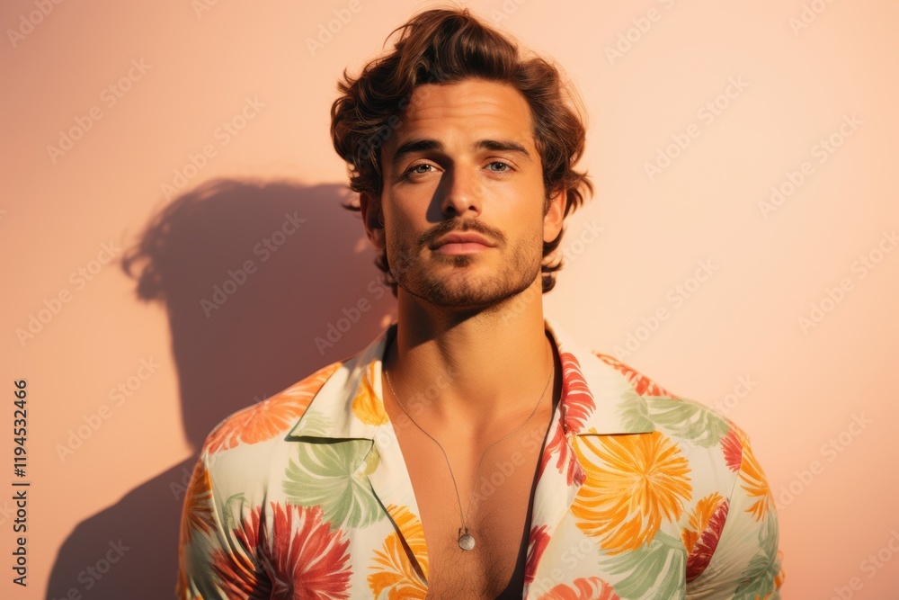 © MediaRaw - A man with a necklace and a floral shirt is standing in front of a pink wall