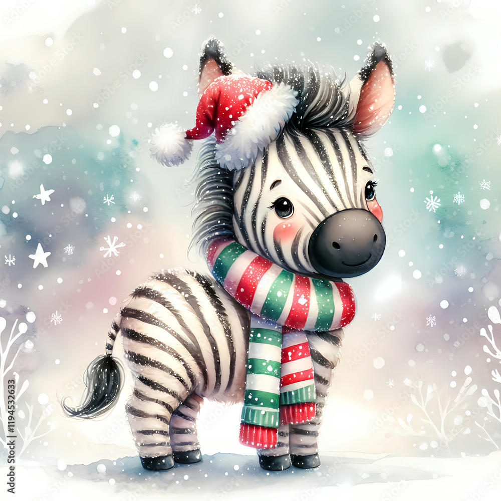 A zebra with a colorful scarf, surrounded by snowflakes and twinkling lights A zebra with a colorful scarf, surrounded by snowflakes and twinkling lights